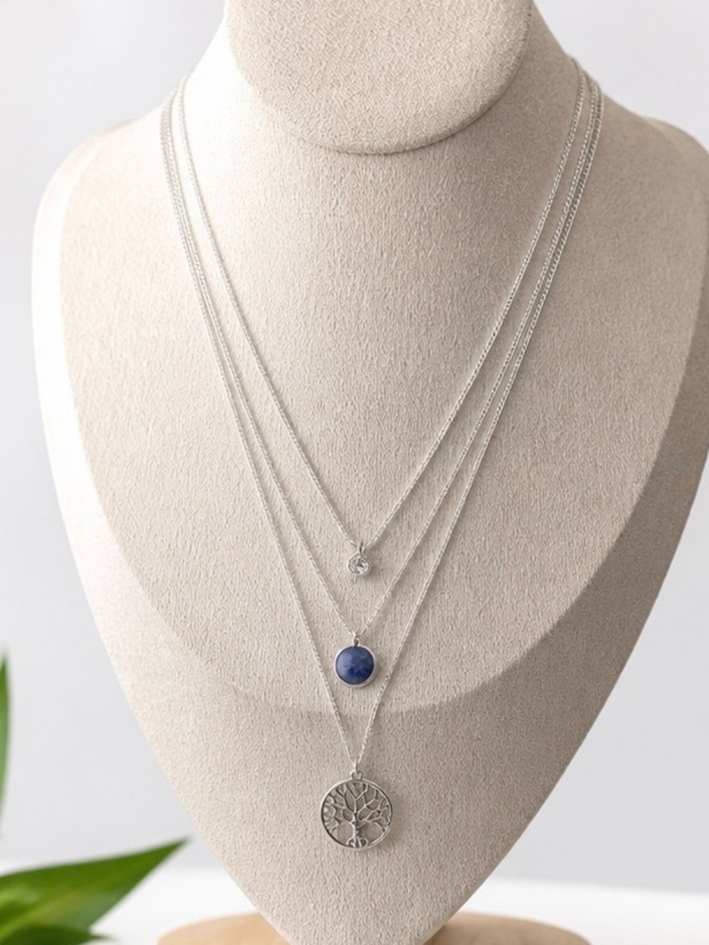 Layered Silver Necklace Tree of Life Blue Stone Minimalist Boho